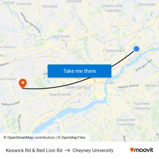 Keswick Rd & Red Lion Rd to Cheyney University map