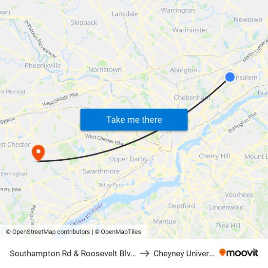 Southampton Rd & Roosevelt Blvd - FS to Cheyney University map