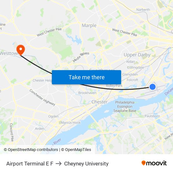 Airport Terminal E F to Cheyney University map