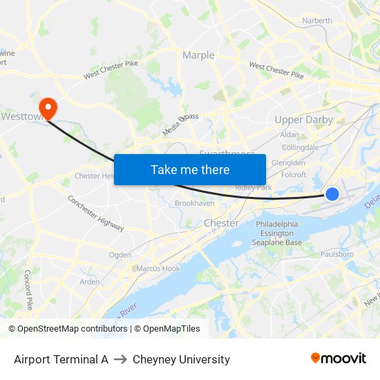 Airport Terminal A to Cheyney University map