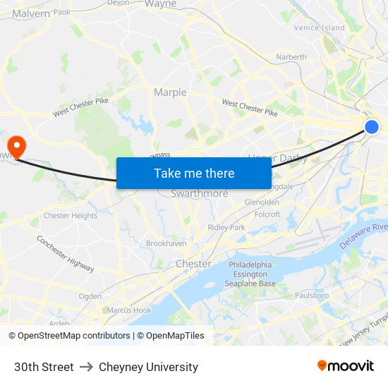 30th Street to Cheyney University map