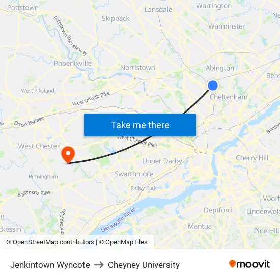Jenkintown Wyncote to Cheyney University map