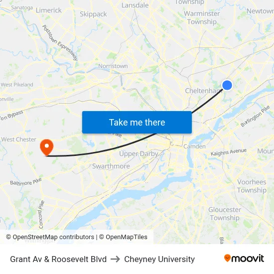 Grant Av & Roosevelt Blvd to Cheyney University map
