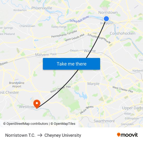 Norristown T.C. to Cheyney University map