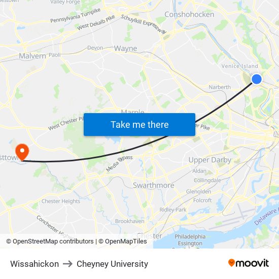 Wissahickon to Cheyney University map