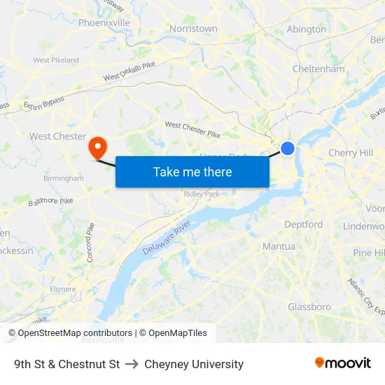 9th St & Chestnut St to Cheyney University map