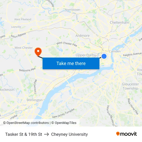 Tasker St & 19th St to Cheyney University map