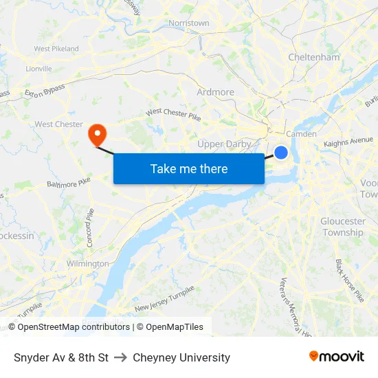 Snyder Av & 8th St to Cheyney University map
