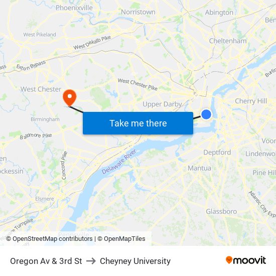 Oregon Av & 3rd St to Cheyney University map