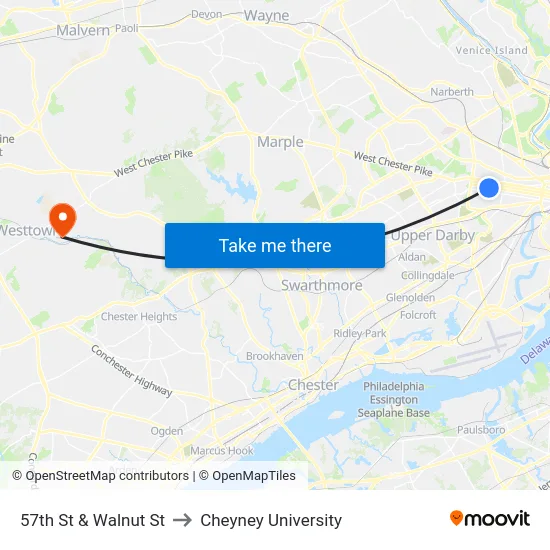 57th St & Walnut St to Cheyney University map