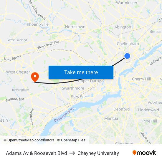 Adams Av & Roosevelt Blvd to Cheyney University map