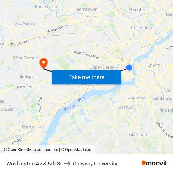 Washington Av & 5th St to Cheyney University map