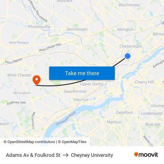 Adams Av & Foulkrod St to Cheyney University map