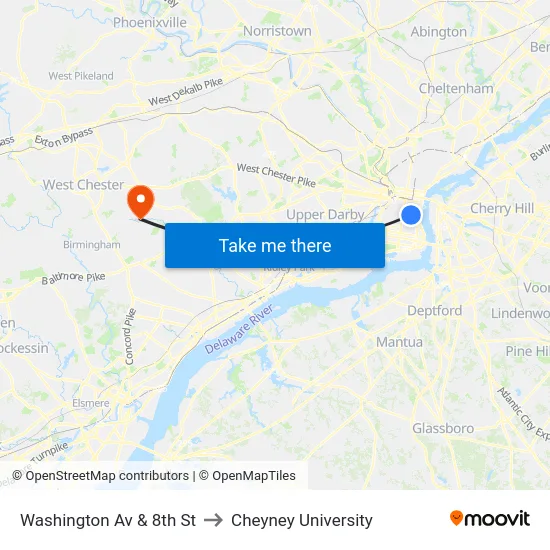 Washington Av & 8th St to Cheyney University map