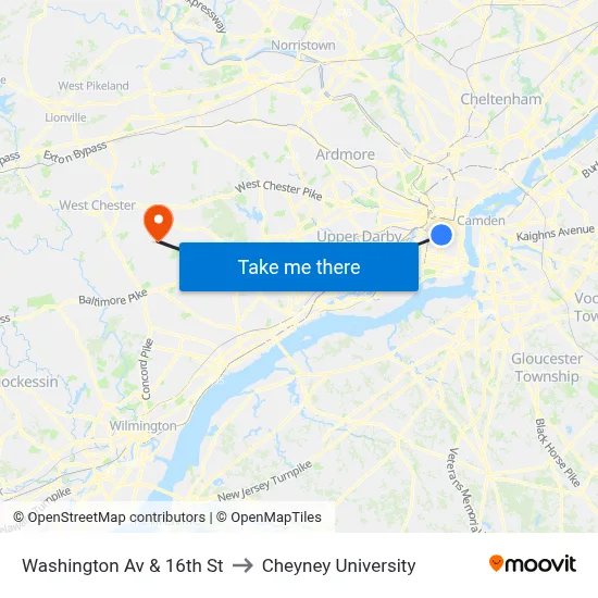 Washington Av & 16th St to Cheyney University map