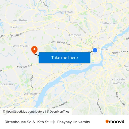 Rittenhouse Sq & 19th St to Cheyney University map