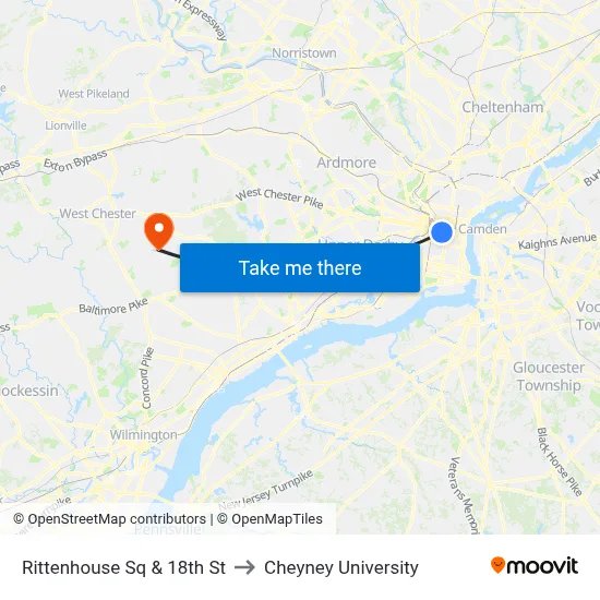 Rittenhouse Sq & 18th St to Cheyney University map