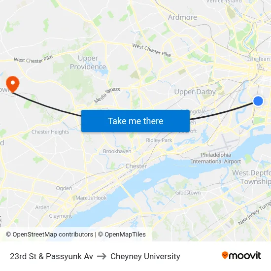 23rd St & Passyunk Av to Cheyney University map