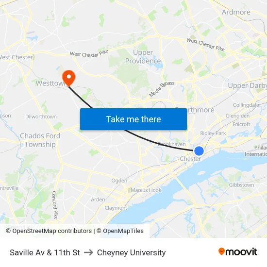 Saville Av & 11th St to Cheyney University map