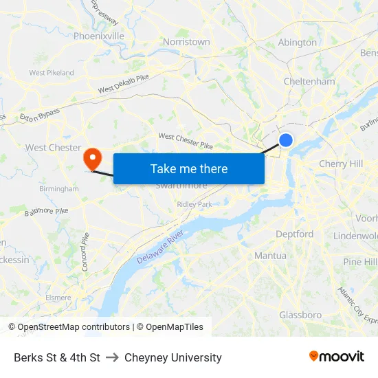 Berks St & 4th St to Cheyney University map
