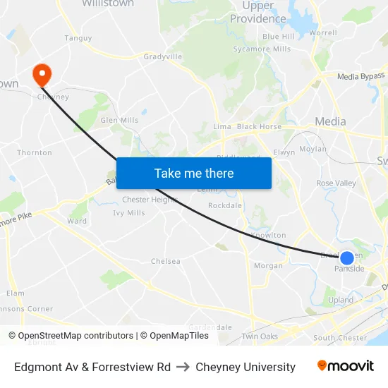 Edgmont Av & Forrestview Rd to Cheyney University map