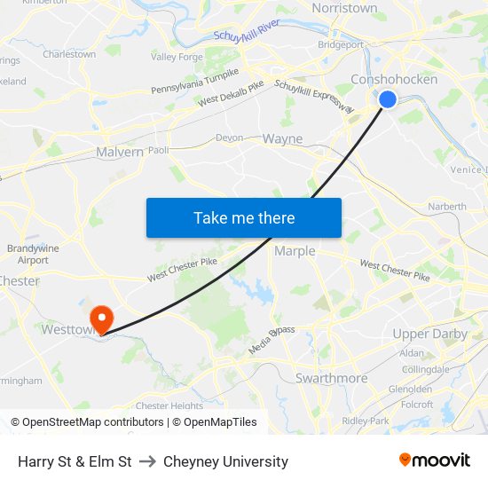 Harry St & Elm St to Cheyney University map