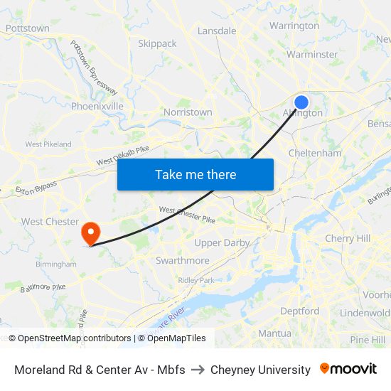 Moreland Rd & Center Av - Mbfs to Cheyney University map