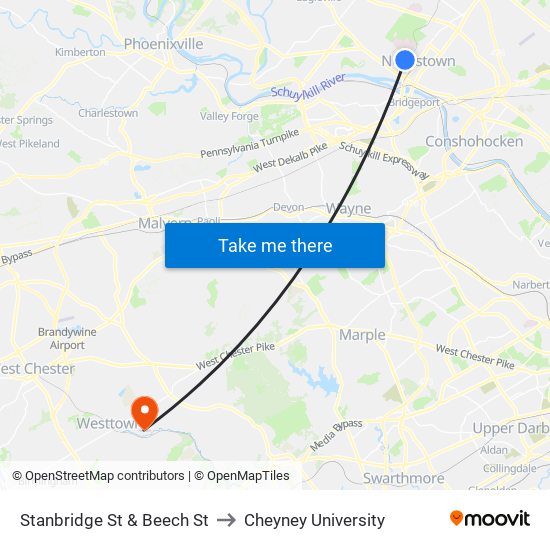 Stanbridge St & Beech St to Cheyney University map