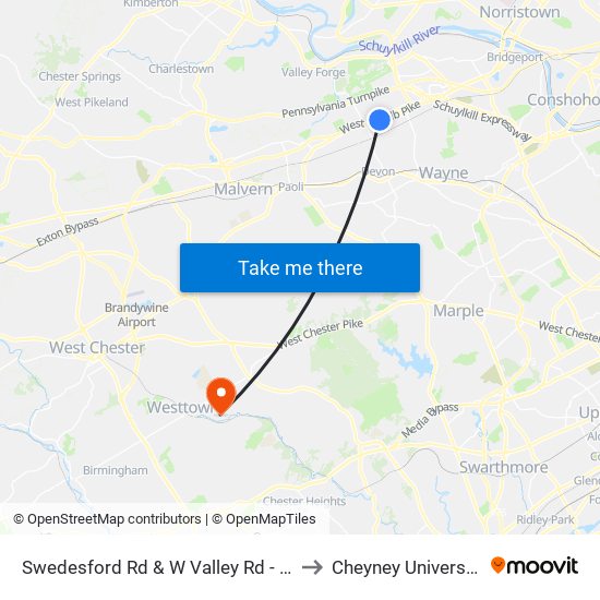 Swedesford Rd & W Valley Rd - FS to Cheyney University map