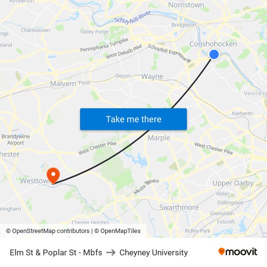 Elm St & Poplar St - Mbfs to Cheyney University map