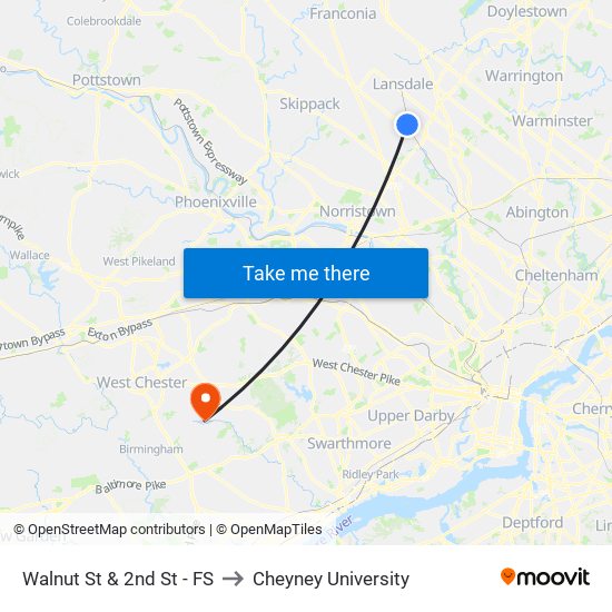 Walnut St & 2nd St - FS to Cheyney University map