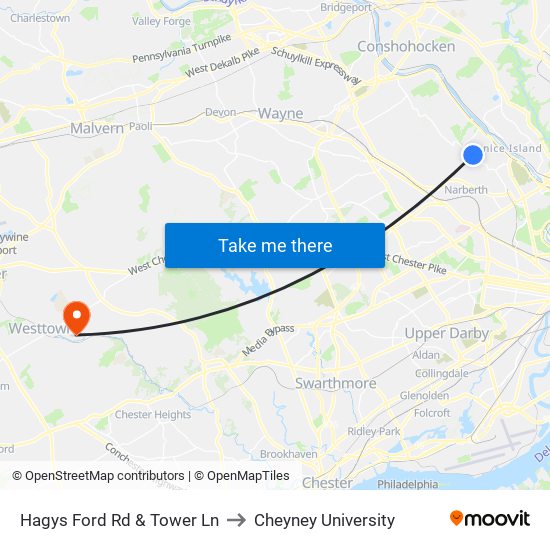 Hagys Ford Rd & Tower Ln to Cheyney University map