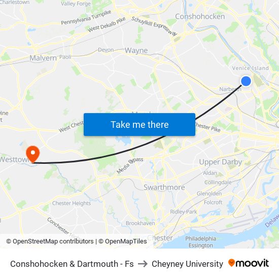 Conshohocken & Dartmouth - Fs to Cheyney University map