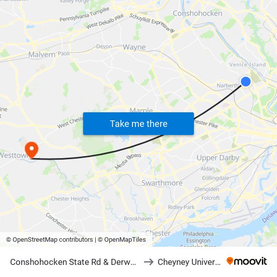 Conshohocken State Rd & Derwen Rd to Cheyney University map