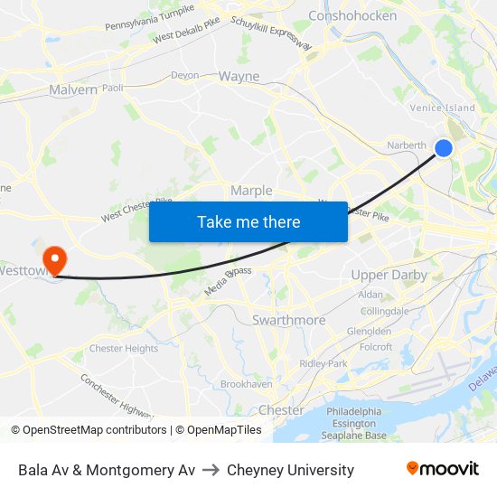 Bala Av & Montgomery Av to Cheyney University map