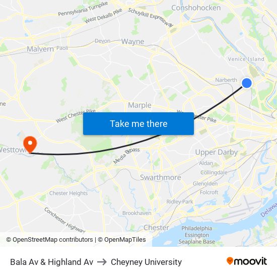 Bala Av & Highland Av to Cheyney University map
