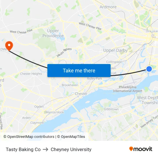 Tasty Baking Co to Cheyney University map