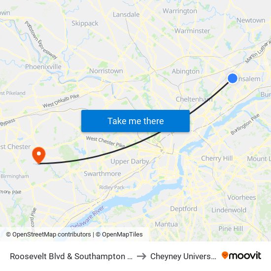 Roosevelt Blvd & Southampton Rd to Cheyney University map