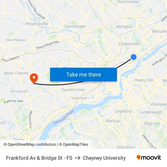 Frankford Av & Bridge St - FS to Cheyney University map
