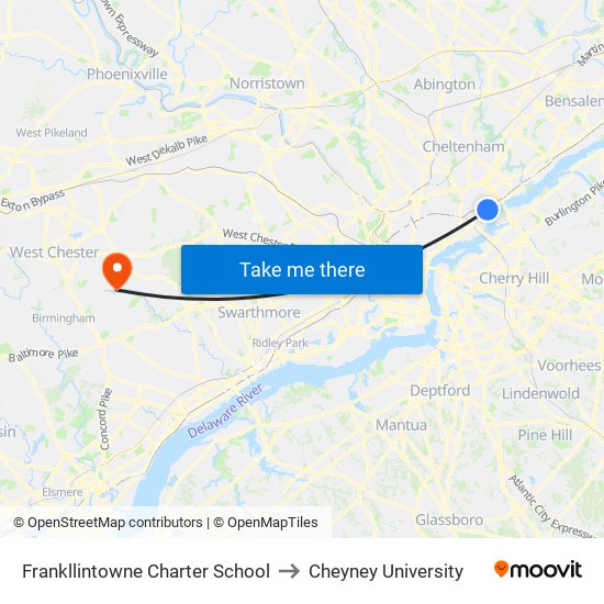 Frankllintowne Charter School to Cheyney University map