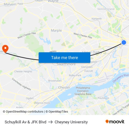 Schuylkill Av & JFK Blvd to Cheyney University map