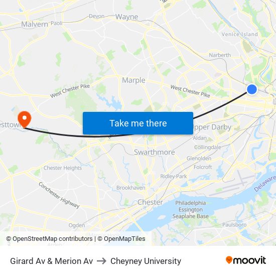 Girard Av & Merion Av to Cheyney University map