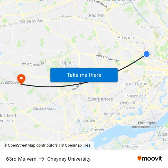 63rd-Malvern to Cheyney University map