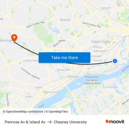 Penrose Av & Island Av to Cheyney University map