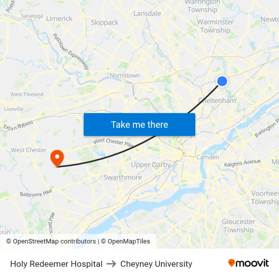 Holy Redeemer Hospital to Cheyney University map