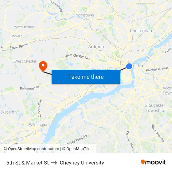 5th St & Market St to Cheyney University map