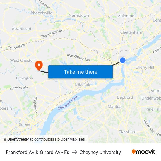 Frankford Av & Girard Av - Fs to Cheyney University map