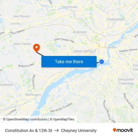 Constitution Av & 12th St to Cheyney University map