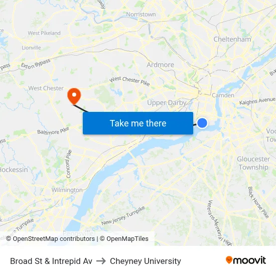 Broad St & Intrepid Av to Cheyney University map