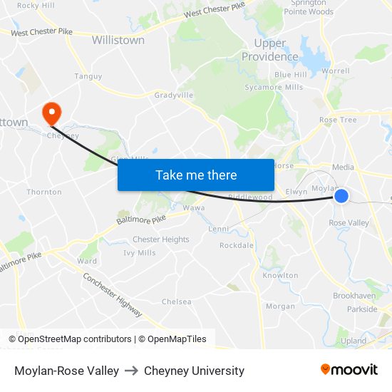 Moylan-Rose Valley to Cheyney University map